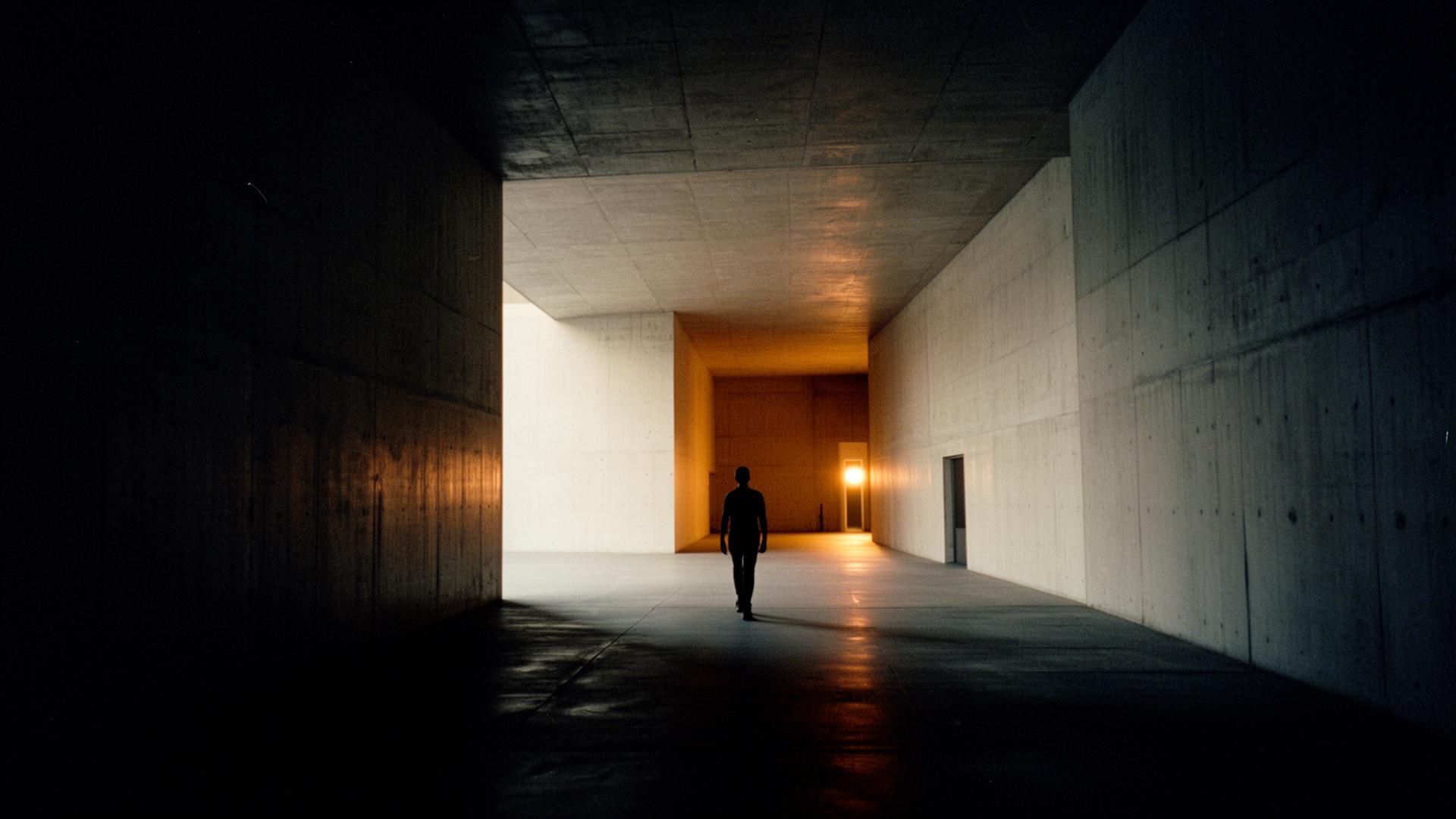 Cinematic architectural corridor at dusk